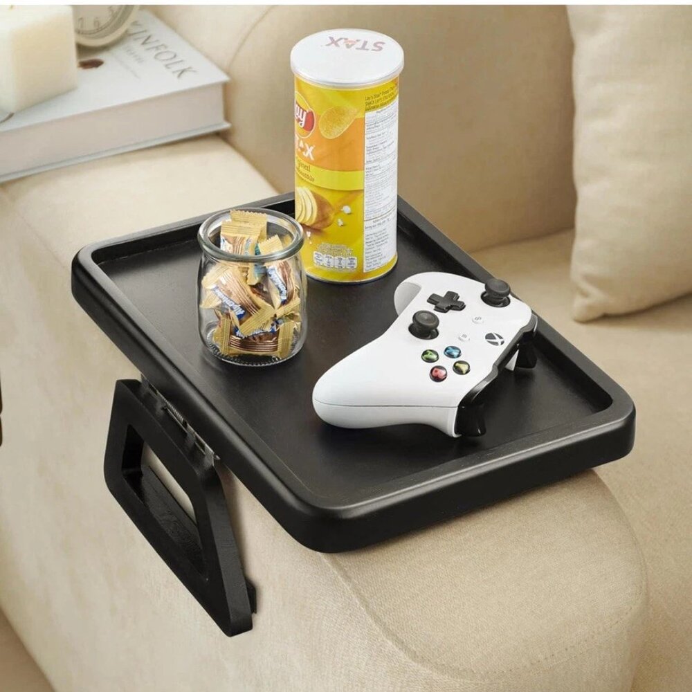 Smart Design Acacia Armrest Tray, Black, Non-Slip Sofa Arm Clip Table - Picture 2 of 4